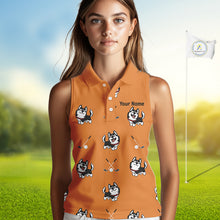 Load image into Gallery viewer, Womens Sleeveless Golf Polo Shirt Custom Funny Husky Orange Pattern Team Ladies Golf Tops, Dog Lover Gift NHN0065