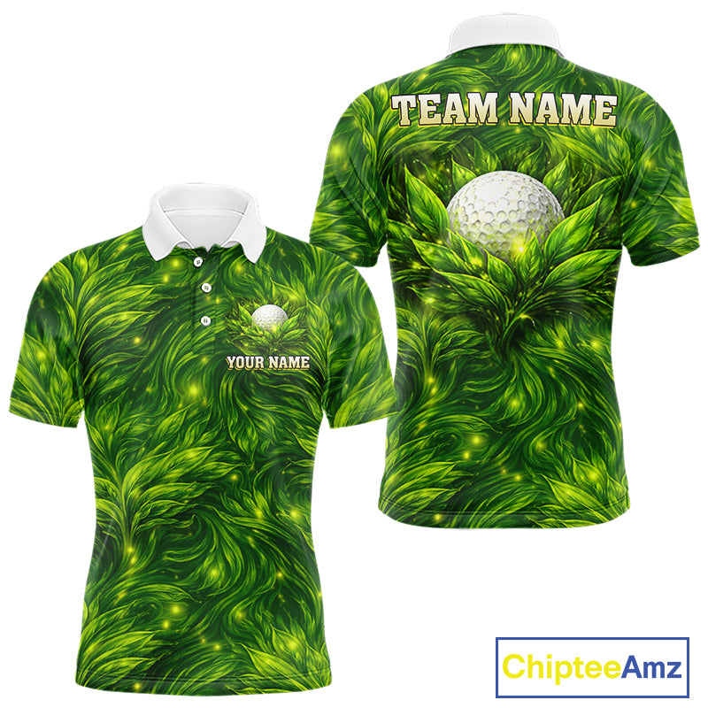 Green Mens Golf Polo Shirt Custom Leaf Pattern Golf Ball Personalized Team Golf Tops, Golf Gifts NHN0222