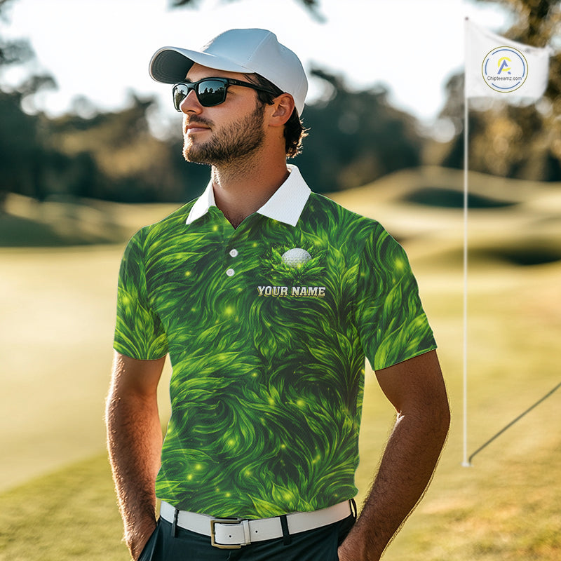 Green Mens Golf Polo Shirt Custom Leaf Pattern Golf Ball Personalized Team Golf Tops, Golf Gifts NHN0222