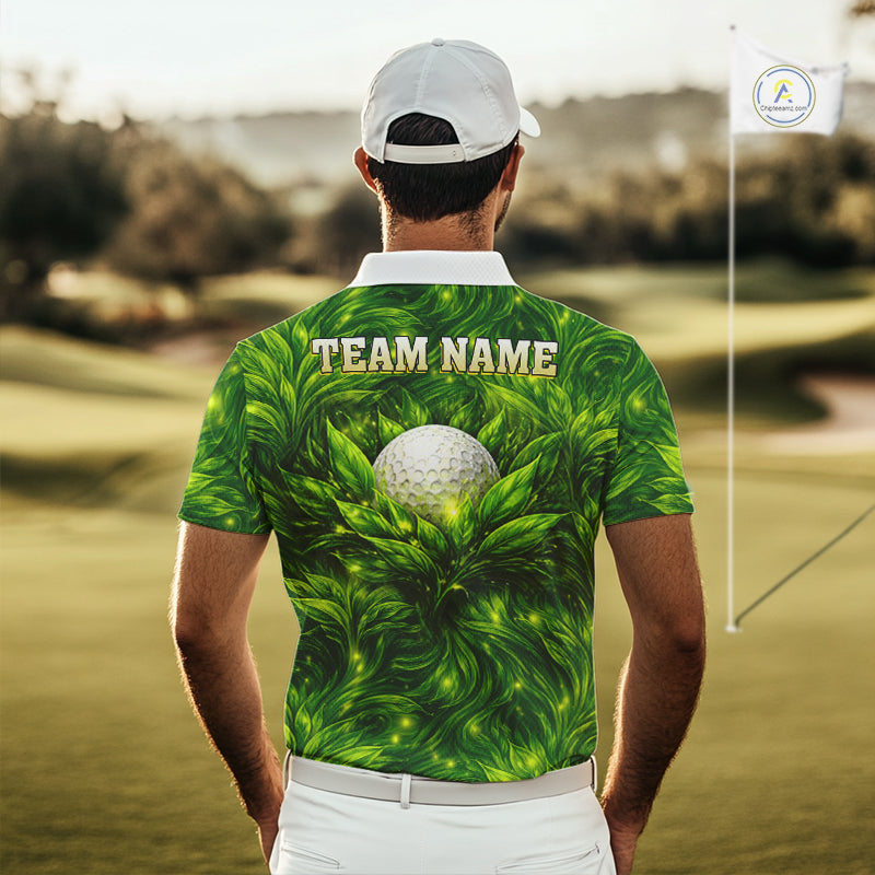 Green Mens Golf Polo Shirt Custom Leaf Pattern Golf Ball Personalized Team Golf Tops, Golf Gifts NHN0222