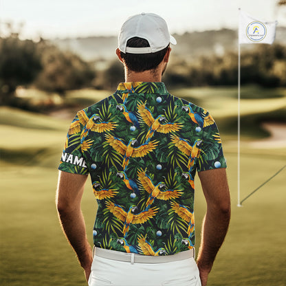 Mens Golf Polo Shirt Custom Colorful Parrots And Floral Tropical Pattern Team Golf Shirts, Golf Gift NHN0092