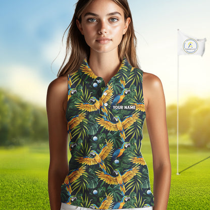 Womens Sleeveless Golf Polo Shirt Custom Colorful Parrots And Floral Tropical Pattern Team Golf Shirts NHN0092
