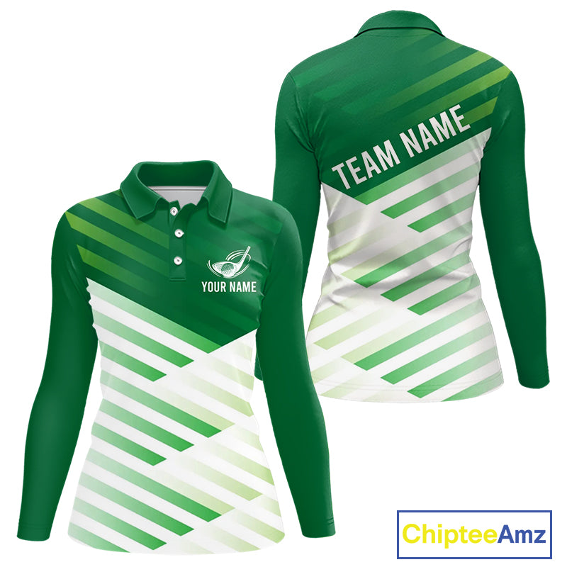 Green And White Womens Long Sleeve Golf Polo Shirt Custom Name Golf Shirts For Team, Golf Gifts NHN0097