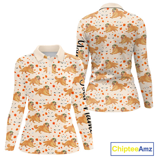 Golden Retriever Womens Long Sleeve Golf Polo Shirt Autumn Leaves Funny Golf Tops, Dog Lover Gift NHN0224