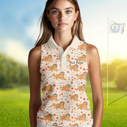 Golden Retriever Womens Sleeveless Golf Polo Shirt Autumn Leaves Funny Golf Tops, Dog Lover Gift NHN0224