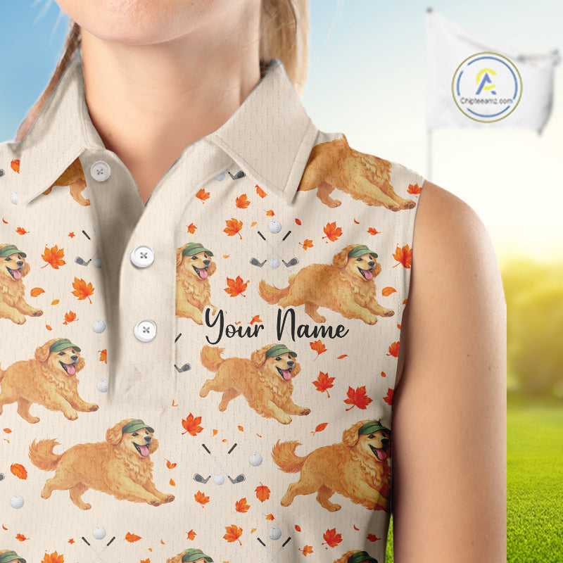 Golden Retriever Womens Sleeveless Golf Polo Shirt Autumn Leaves Funny Golf Tops, Dog Lover Gift NHN0224