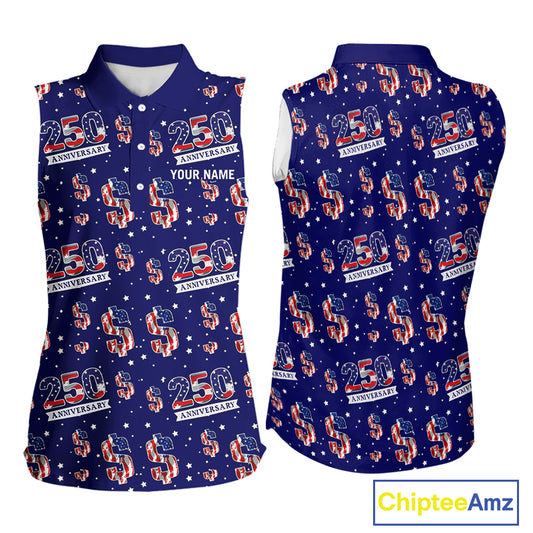 USA 250th Anniversary Womens Sleeveless Golf Polo Shirt Custom Patriotic American Flag Team Golf Top NHN0235