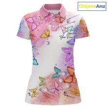 Load image into Gallery viewer, Butterfly Womens Golf Polo Shirt Custom Name Floral Colorful Watercolor Golf Shirts, Golf Gifts NHN0126