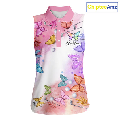 Butterfly Womens Sleeveless Golf Polo Shirt Custom Name Floral Colorful Watercolor Golf Shirts, Golf Gifts NHN0126