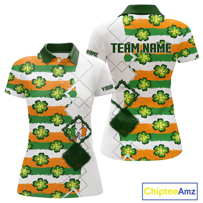 Womens Golf Polos Shirts Custom Green Clover St Patricks Day Pattern Ireland Flag Golf Top Shirt NHN0139