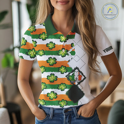 Womens Golf Polos Shirts Custom Green Clover St Patricks Day Pattern Ireland Flag Golf Top Shirt NHN0139
