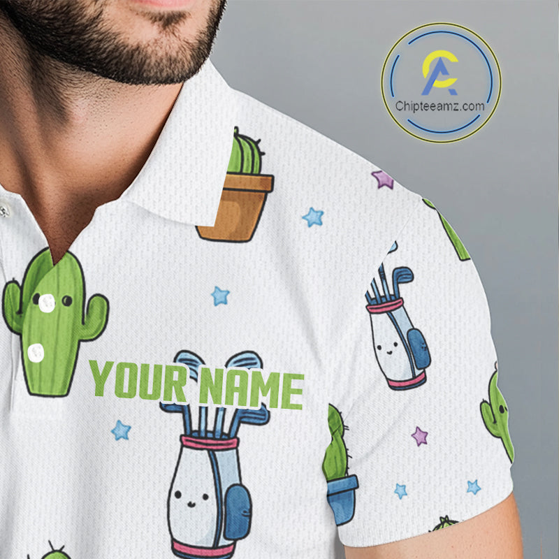 Argyle Pattern Mens Golf Polo Shirts Funny Cactus Flower Custom Cactus Golf Shirt Golfer Gifts NHN0012