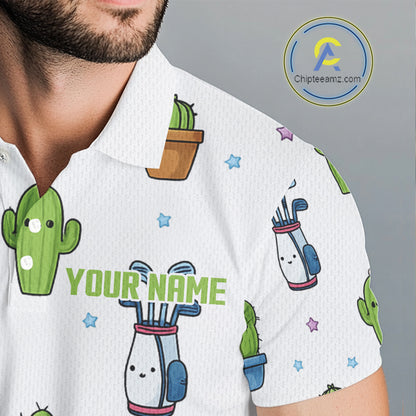 Argyle Pattern Mens Golf Polo Shirts Funny Cactus Flower Custom Cactus Golf Shirt Golfer Gifts NHN0012