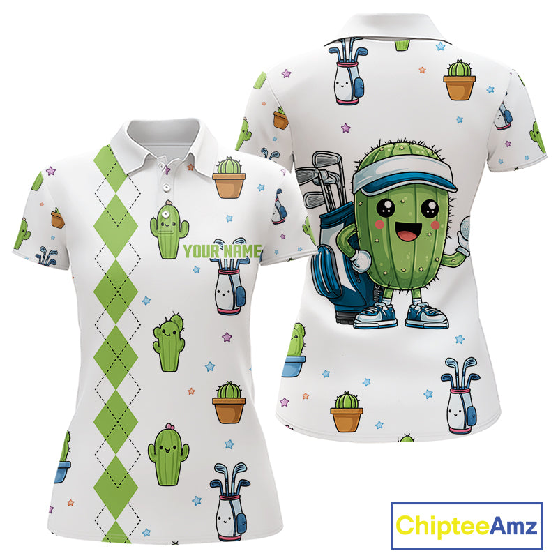 Argyle Pattern Womens Golf Polo Shirts Funny Cactus Flower Custom Cactus Golf Shirt Golfer Gifts NHN0012