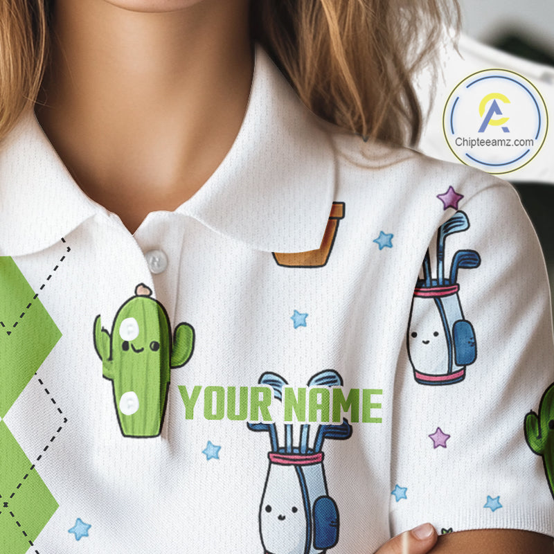 Argyle Pattern Womens Golf Polo Shirts Funny Cactus Flower Custom Cactus Golf Shirt Golfer Gifts NHN0012