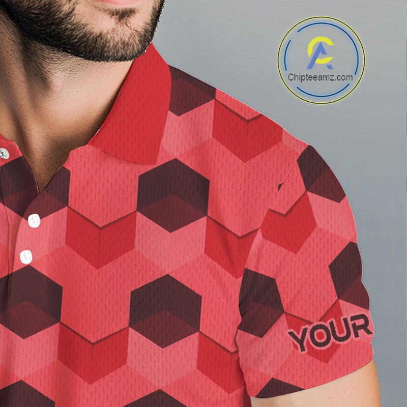 Plaid Mens Golf Polo Shirt Custom Abstract Red Hexagon Pattern Golf Shirts For Men NHN0156