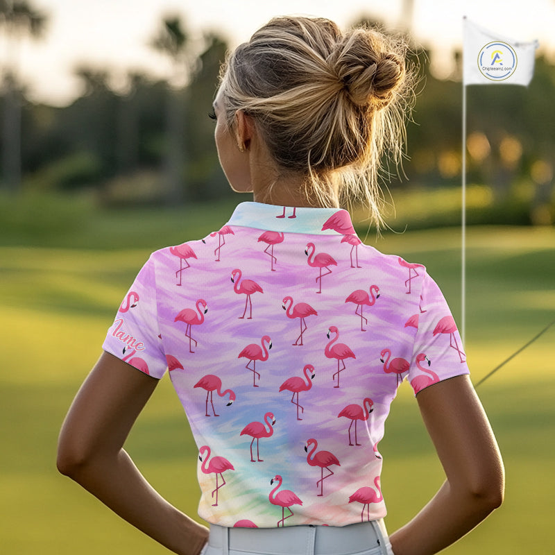 Violet Pastel Womens Golf Polo Shirts Custom Funny Flamingo Pattern Team Ladies Golf Tops, Golf Gift NHN0174