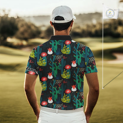 Funny Desert Cactus Pattern Mens Golf Polo Shirts Custom Cactus Golf Shirt For Men, Golfer Gift NHN0186