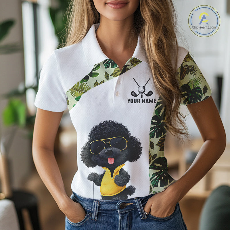 Funny Green Tropical Pattern Womens Golf Polo Shirts Custom White Golf Ball, Poodle Dog Lover Gift NHN0067