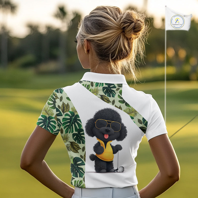Funny Green Tropical Pattern Womens Golf Polo Shirts Custom White Golf Ball, Poodle Dog Lover Gift NHN0067