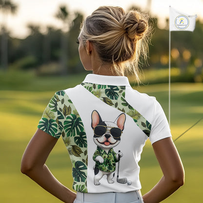 Green Tropical Pattern Womens Golf Polo Shirts Custom Cute Bulldog Golf Tops, White Ladies Golf Outfit NHN0067