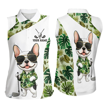 Green Tropical Womens Sleeveless Golf Polo Shirt Custom Cute Bulldog Golf Tops, White Golf Outfit NHN0067