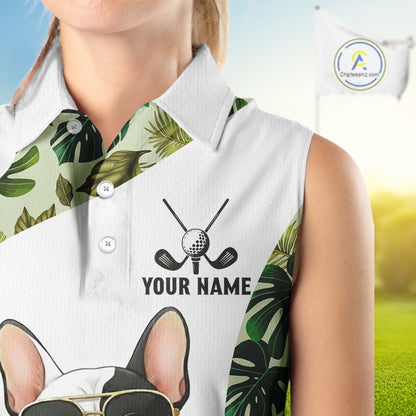Green Tropical Womens Sleeveless Golf Polo Shirt Custom Cute Bulldog Golf Tops, White Golf Outfit NHN0067