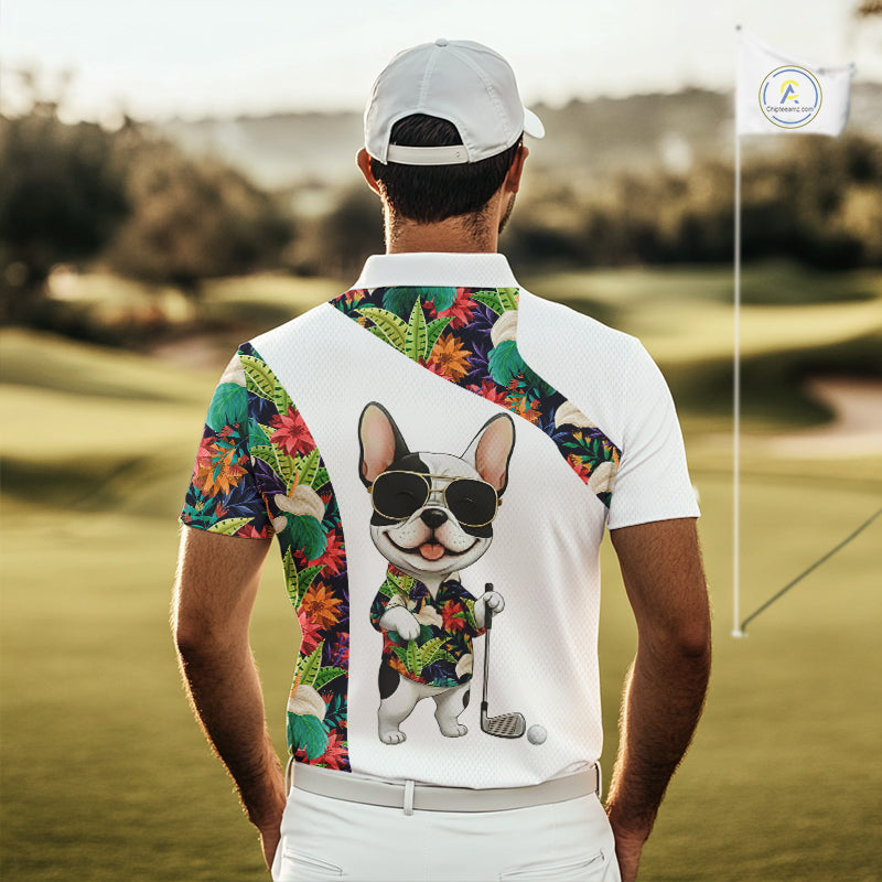 Funny Mens Golf Polo Shirt Custom Tropical Leaf Pattern Personalized Bulldog Golf Shirts For Men NHN0067