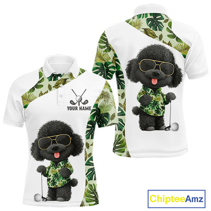 Funny Mens Golf Polo Shirt Custom Tropical Leaf Pattern Personalized Poodle Dog Golf Shirts For Men NHN0067