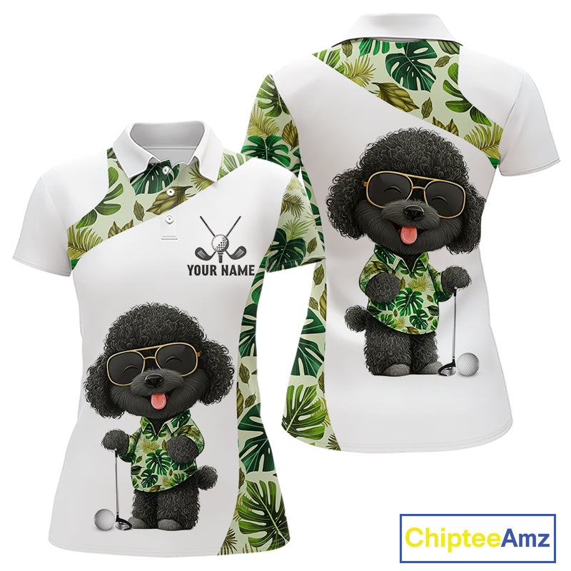 Funny Womens Golf Polo Shirt Custom Tropical Leaf Pattern Personalized Poodle Dog Golf Shirts For Women NHN0067
