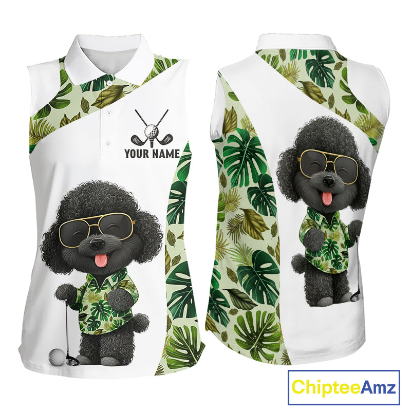 Funny Womens Sleeveless Golf Polo Shirt Tropical Leaf Pattern Personalized Poodle Dog Golf Shirts NHN0067