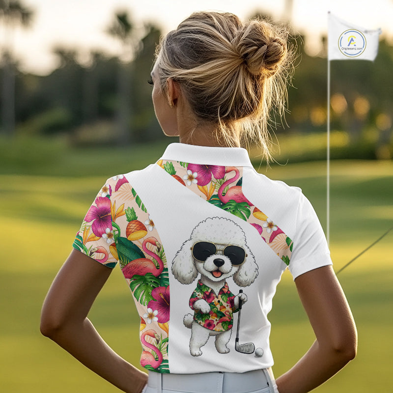 Funny Womens Golf Polo Shirt Custom Tropical Flamingo Pink Pattern, White Poodle Golf Outfit NHN0067
