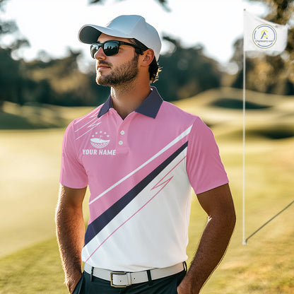 Mens Golf Polo Shirt Custom Blue And Pink Golf Shirt, White Team Golf Shirts Personalized  NHN0075