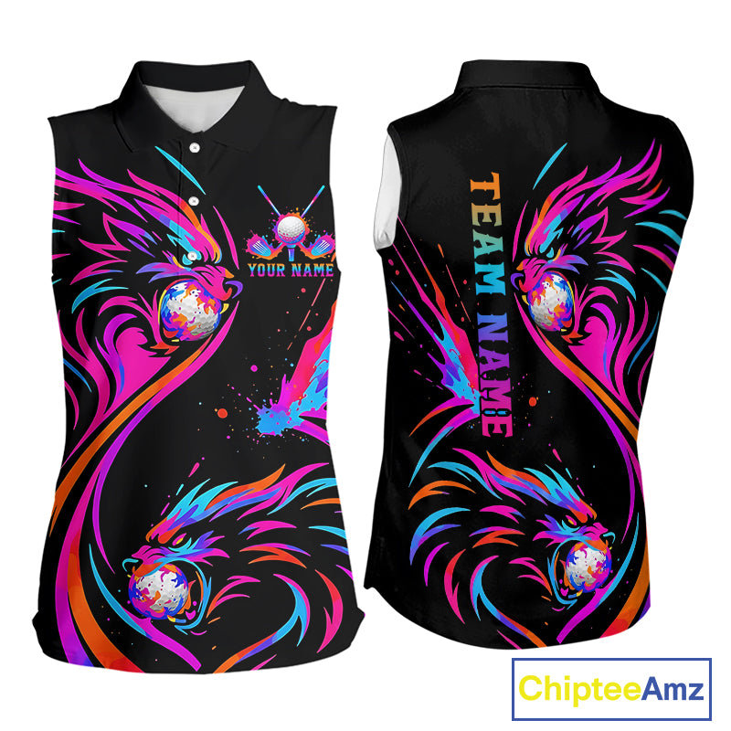 Wolf Womens Sleeveless Golf Polo Shirt Custom Neon Purple Pattern Team Golf Tops, Black Golf Outfit NHN0085