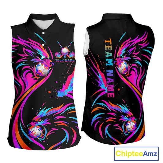 Wolf Womens Sleeveless Golf Polo Shirt Custom Neon Purple Pattern Team Golf Tops, Black Golf Outfit NHN0085