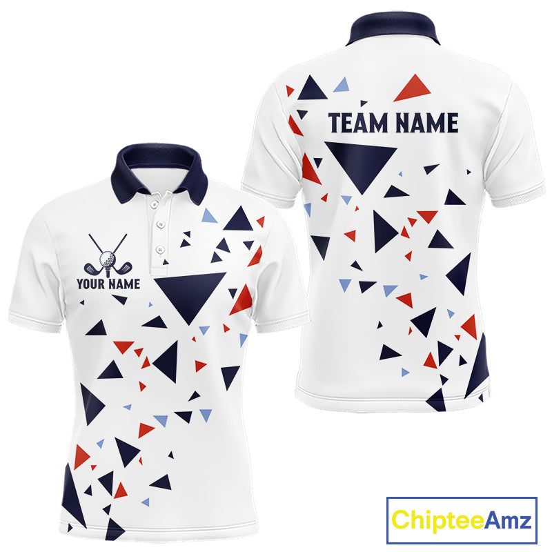 Mens Golf Polo Shirt Custom Orange And Blue Triangle Pattern Team Golf Tops, White Golf Attire NHN0086