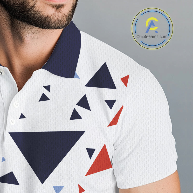 Mens Golf Polo Shirt Custom Orange And Blue Triangle Pattern Team Golf Tops, White Golf Attire NHN0086