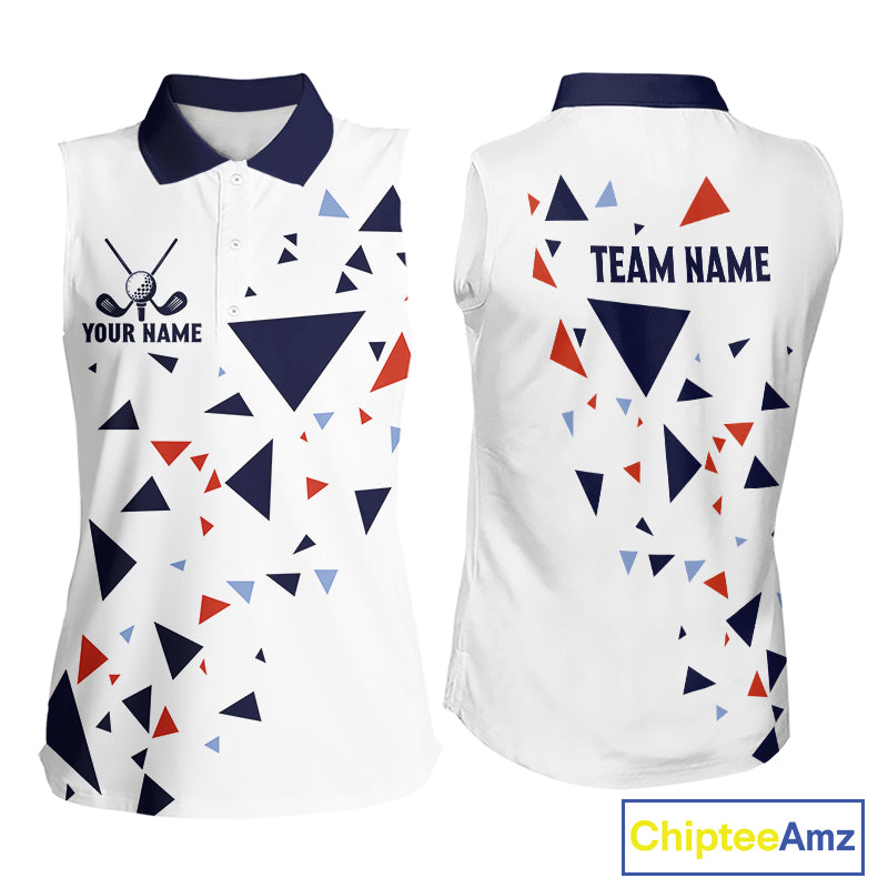 Womens Sleeveless Golf Polo Shirt Custom Orange & Blue Triangle Pattern Team Golf Tops, White Golf Attire NHN0086