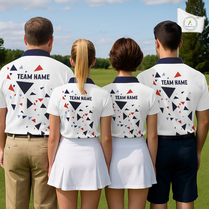 Womens Golf Polo Shirt Custom Orange And Blue Triangle Pattern Team Golf Tops, White Golf Attire NHN0086