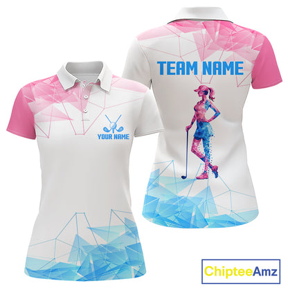 Womens Golf Polo Shirts Blue And Pink Polygonal Pattern Custom Name White Golf Shirts For Ladies NHN0098