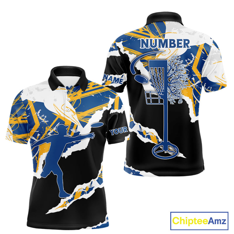 Mens Disc Golf Polo Shirt Custom Name Navy Blue Camo Disc Golf Basket Shirt Team Disc Golf Jersey NHN0014