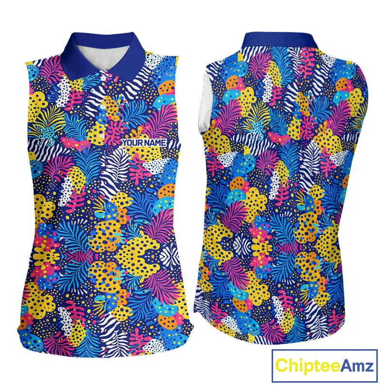 Colorful Paisley Pattern Womens Sleeveless Golf Polo Shirt Custom Tropical Golf Attire For Ladies NHN0147