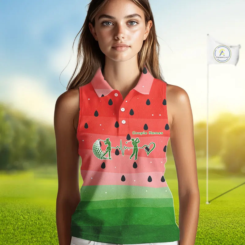 Watermelon Polo Shirt, Heartbeat Matching Sleeveless Golf Polo Shirt Custom Valentines Outfit NHN0148