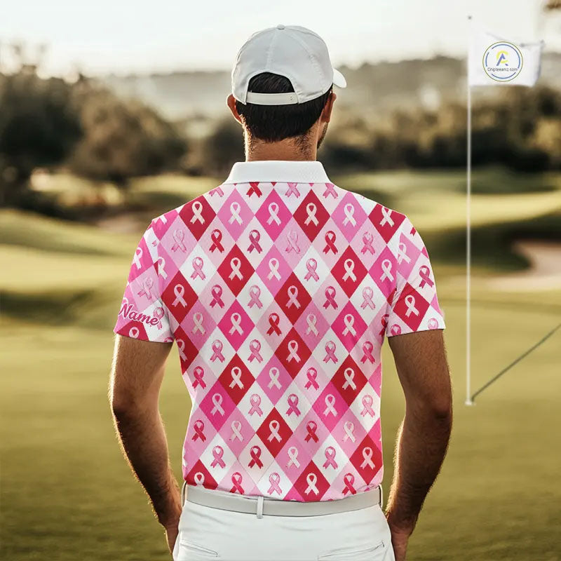 Pink Plaid Mens Golf Polo Shirt Custom Pink Ribbon Breast Cancer Awareness Team Golf Tops, Golf Gifts NHN0165