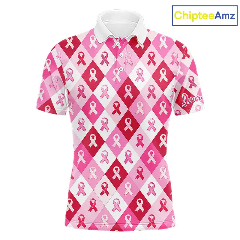 Pink Plaid Mens Golf Polo Shirt Custom Pink Ribbon Breast Cancer Awareness Team Golf Tops, Golf Gifts NHN0165