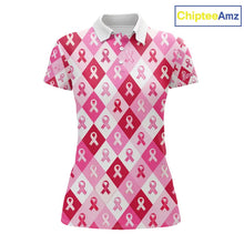 Load image into Gallery viewer, Pink Plaid Womens Golf Polo Shirt Custom Pink Ribbon Breast Cancer Awareness Team Golf Tops NHN0165