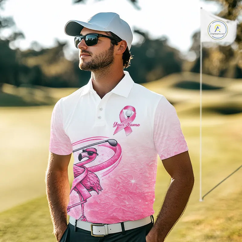 Pink Breast Cancer Golf Shirt, Funny Flamingo Cancer Awareness Mens Golf Polo Shirt, Golf Gifts NHN0167