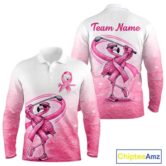 Pink Breast Cancer Golf Shirt, Funny Flamingo Long Sleeve Golf Polo Shirt Custom Name Golf Gifts NHN0167