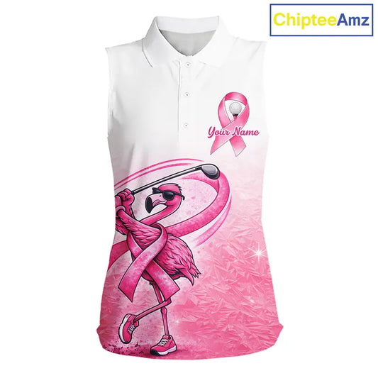 Pink Breast Cancer Golf Shirt, Funny Flamingo Womens Sleeveless Golf Polo Shirt Custom Name Golf Gifts NHN0167