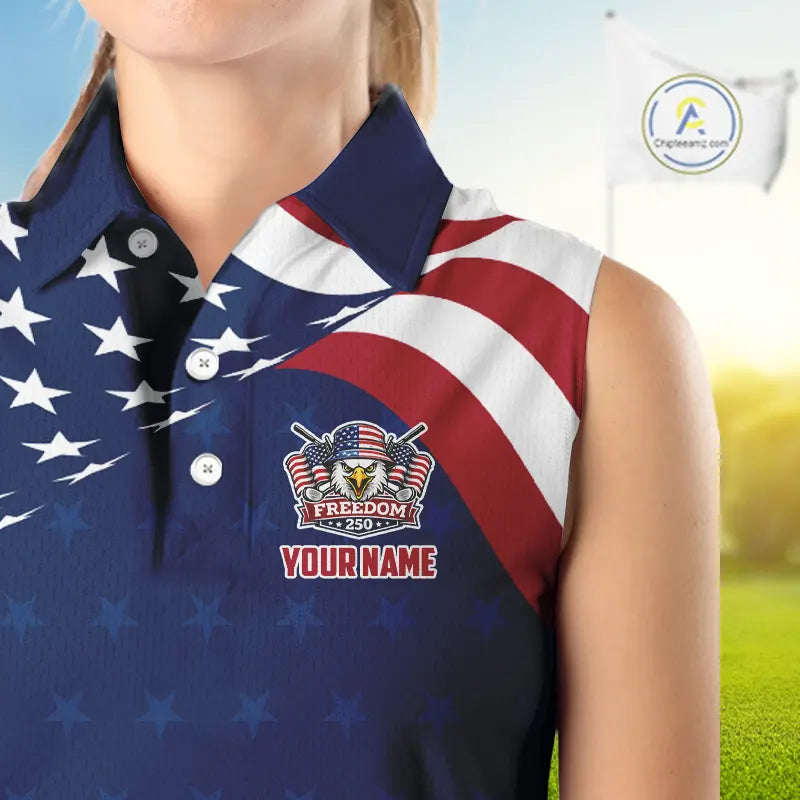 Funny Womens Sleeveless Golf Polo Shirt Custom Name American Flag Polo Shirt, Patriotic Gift NHN0173